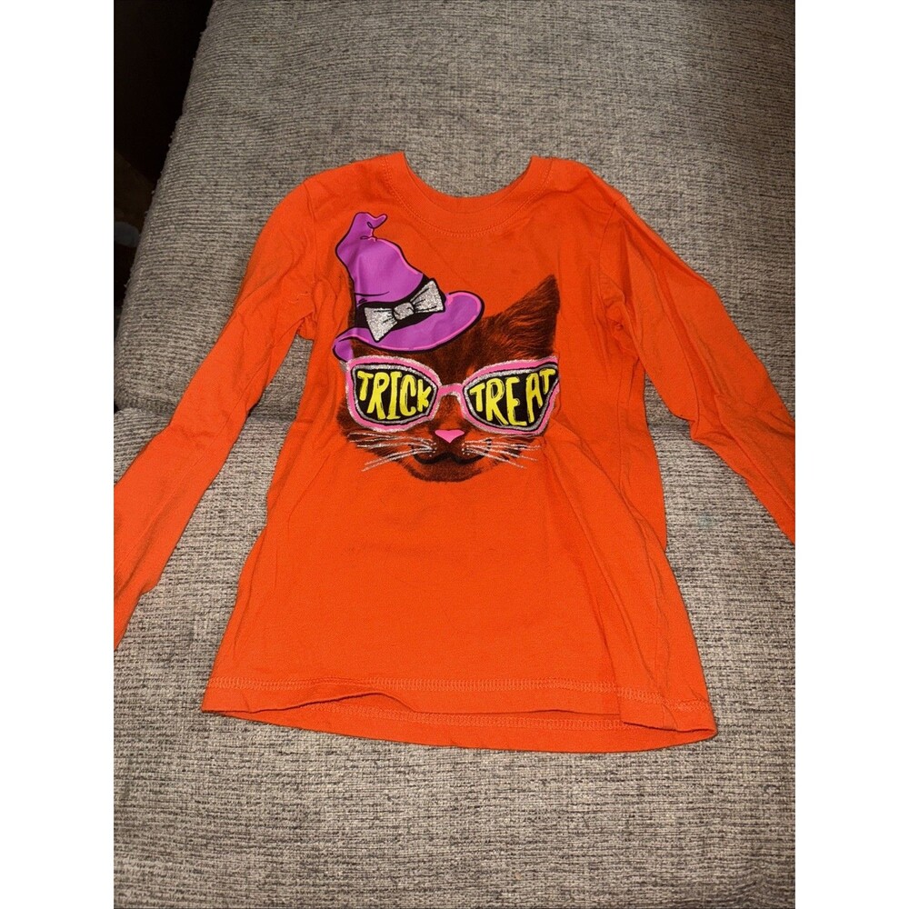 Girls Halloween Long Sleeve Shirt Size XS (4-5) Orange Cat Trick Treat